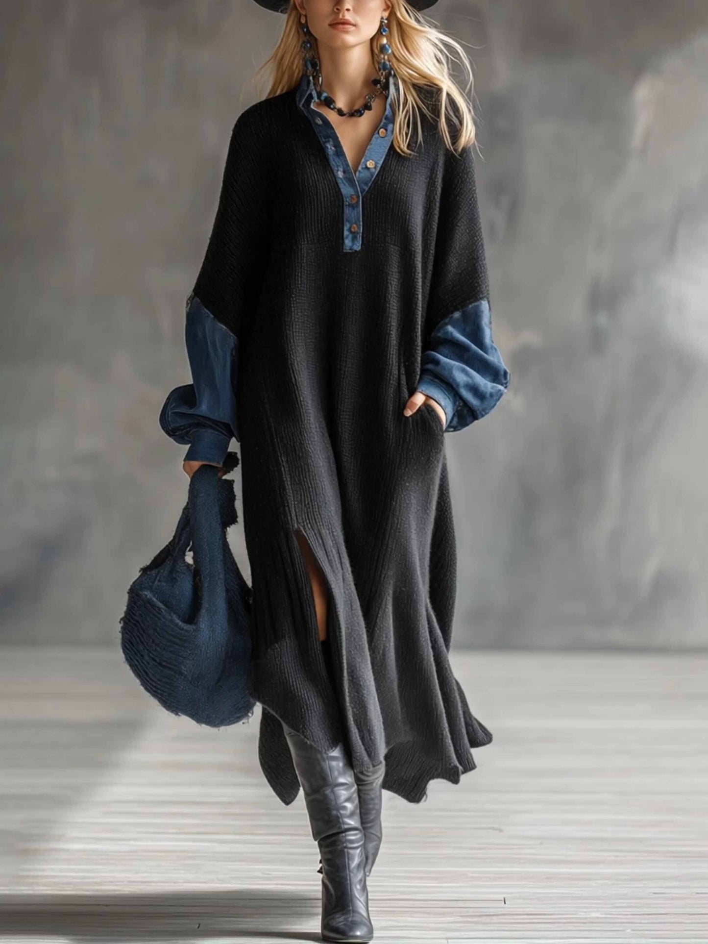 Casual Knit Denim Slit Maxi Dress Black