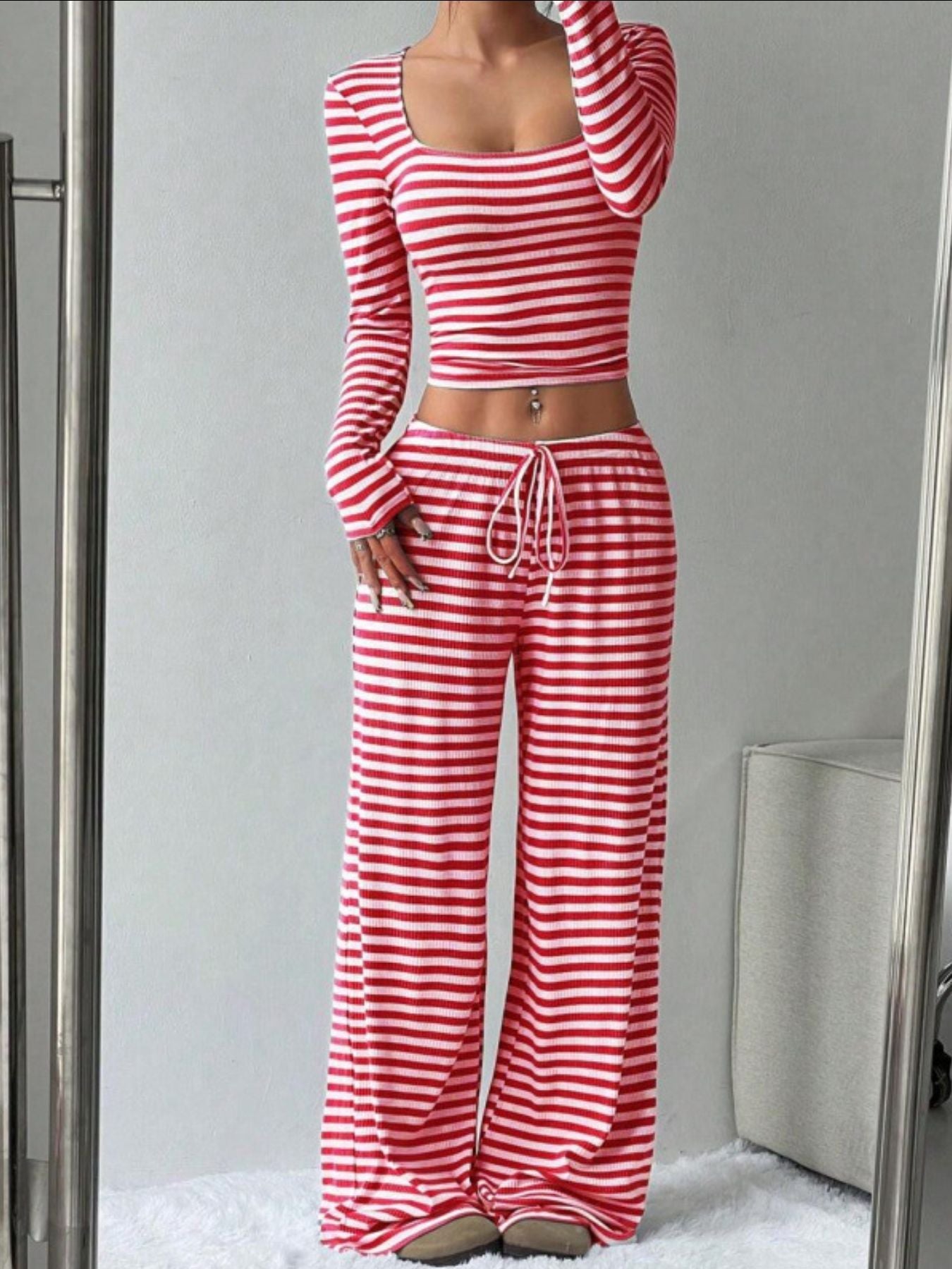 Striped Long Sleeve Crop Top & Wide Leg Pants Set