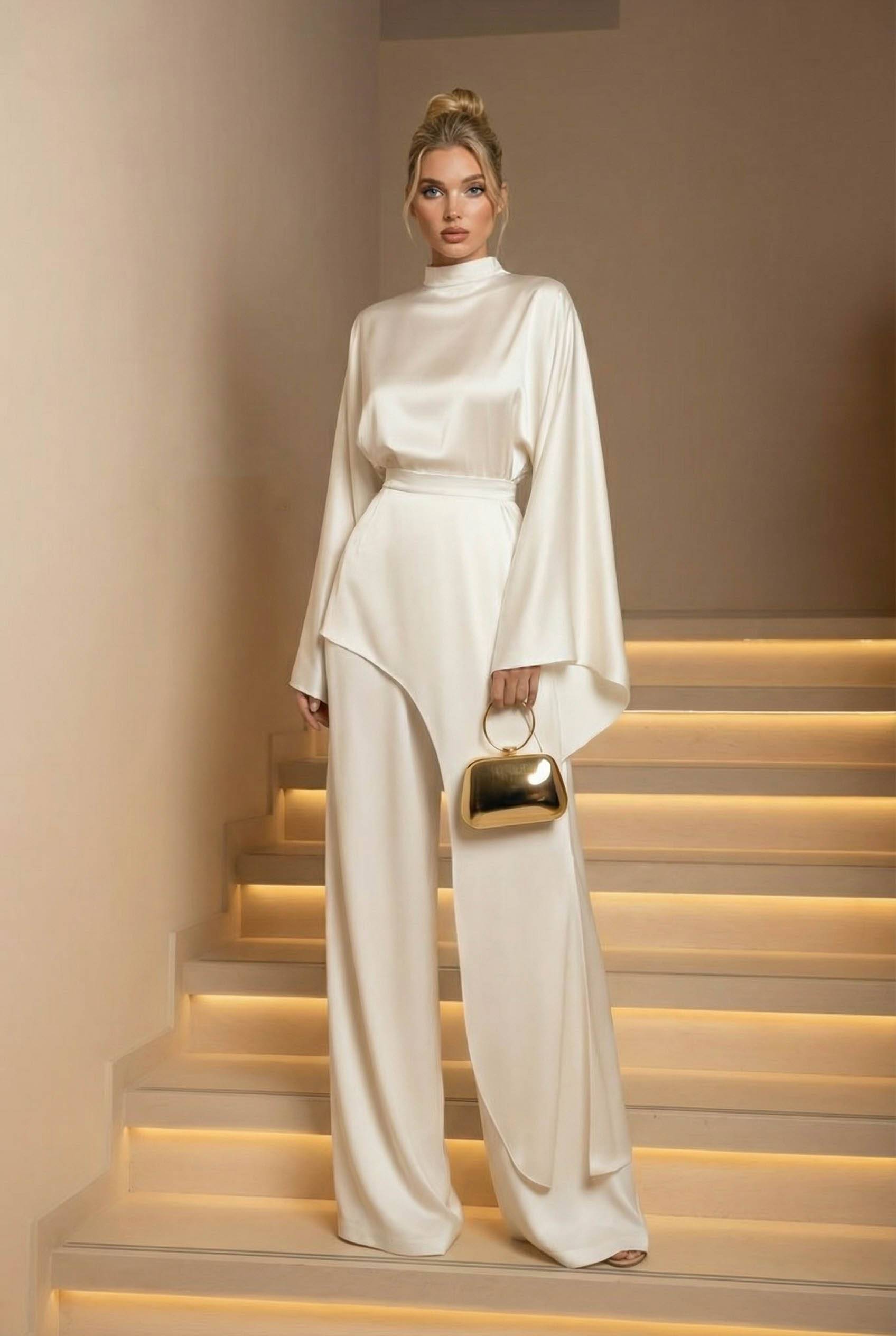 Irregular Shirt And Wide Leg Pants Set Off-White