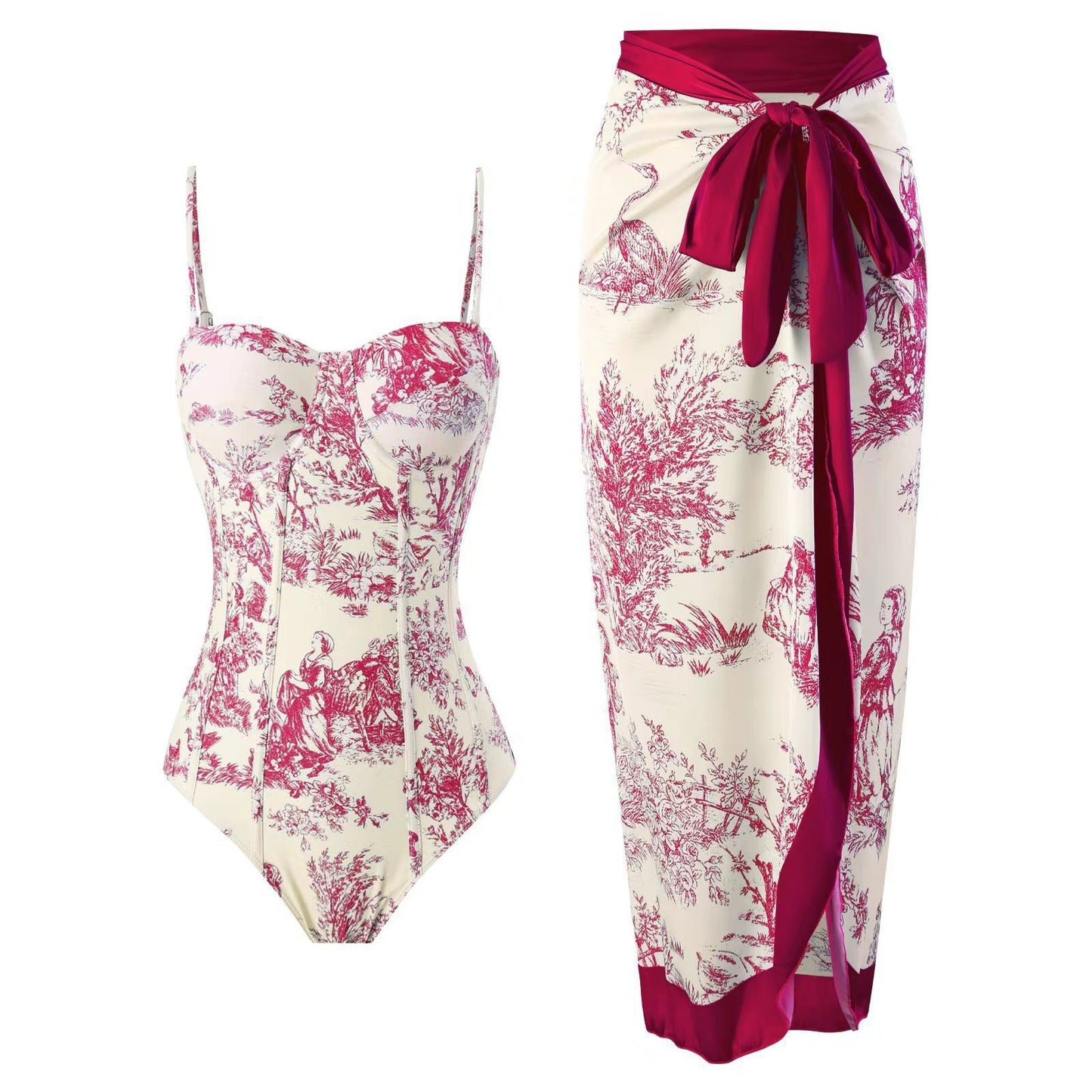 Women Adjustable Shoulder Strip Plant Prints One Piece Swimsuit and Skirt/Sarong(BUY 2 FREE SHIPPING)