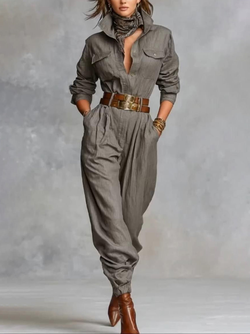 Casual Long-sleeved Jumpsuit Gray