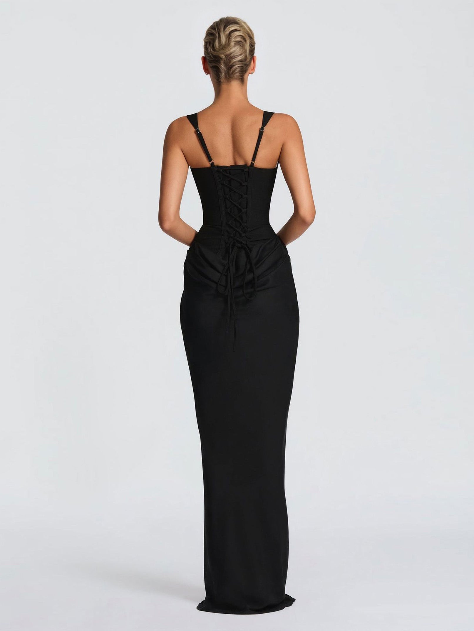 Elegant Square Neck Cinched Top & Ruched Waist Draped Maxi Dress