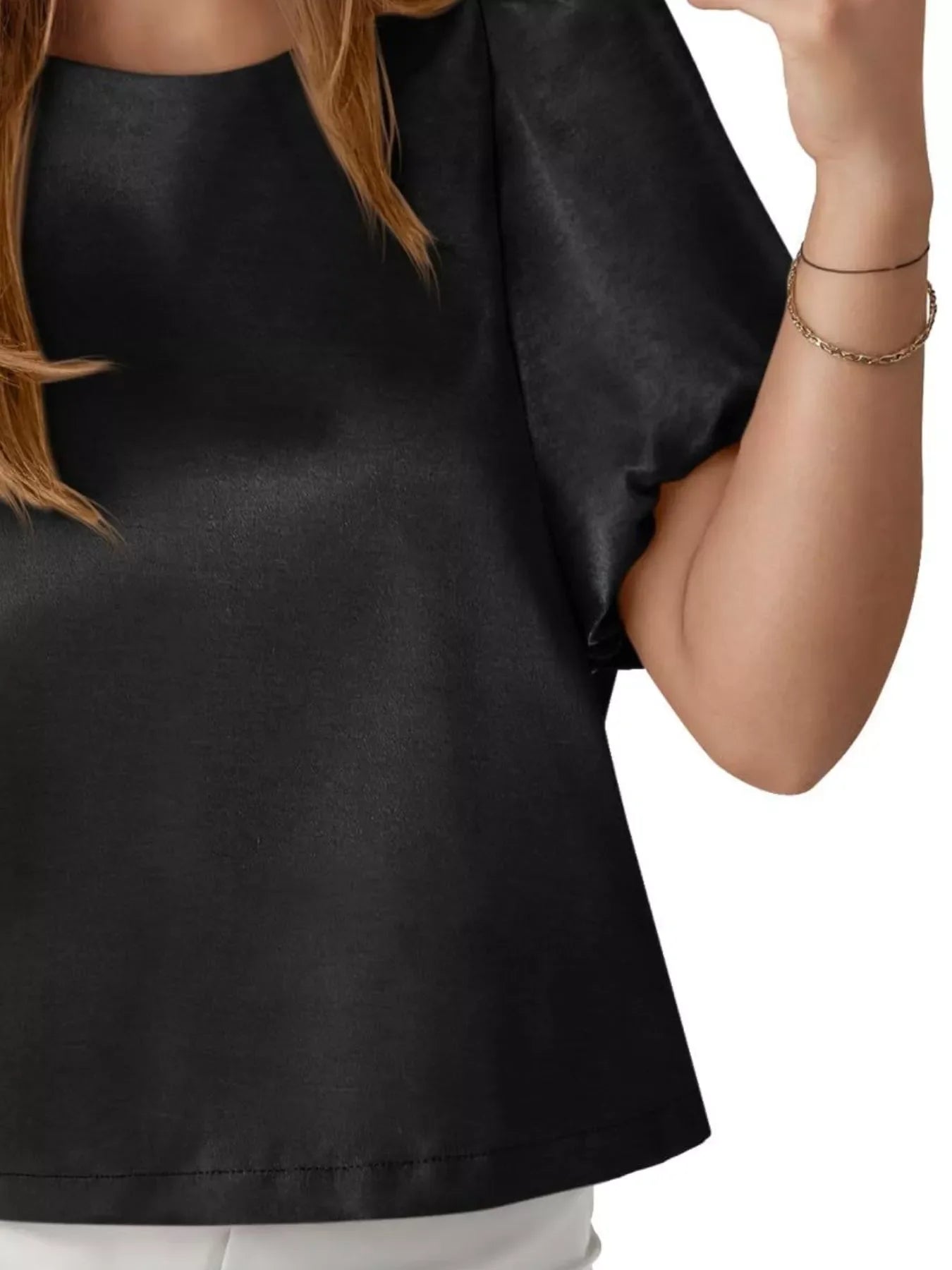 Round Neck Puff Sleeve Satin Top