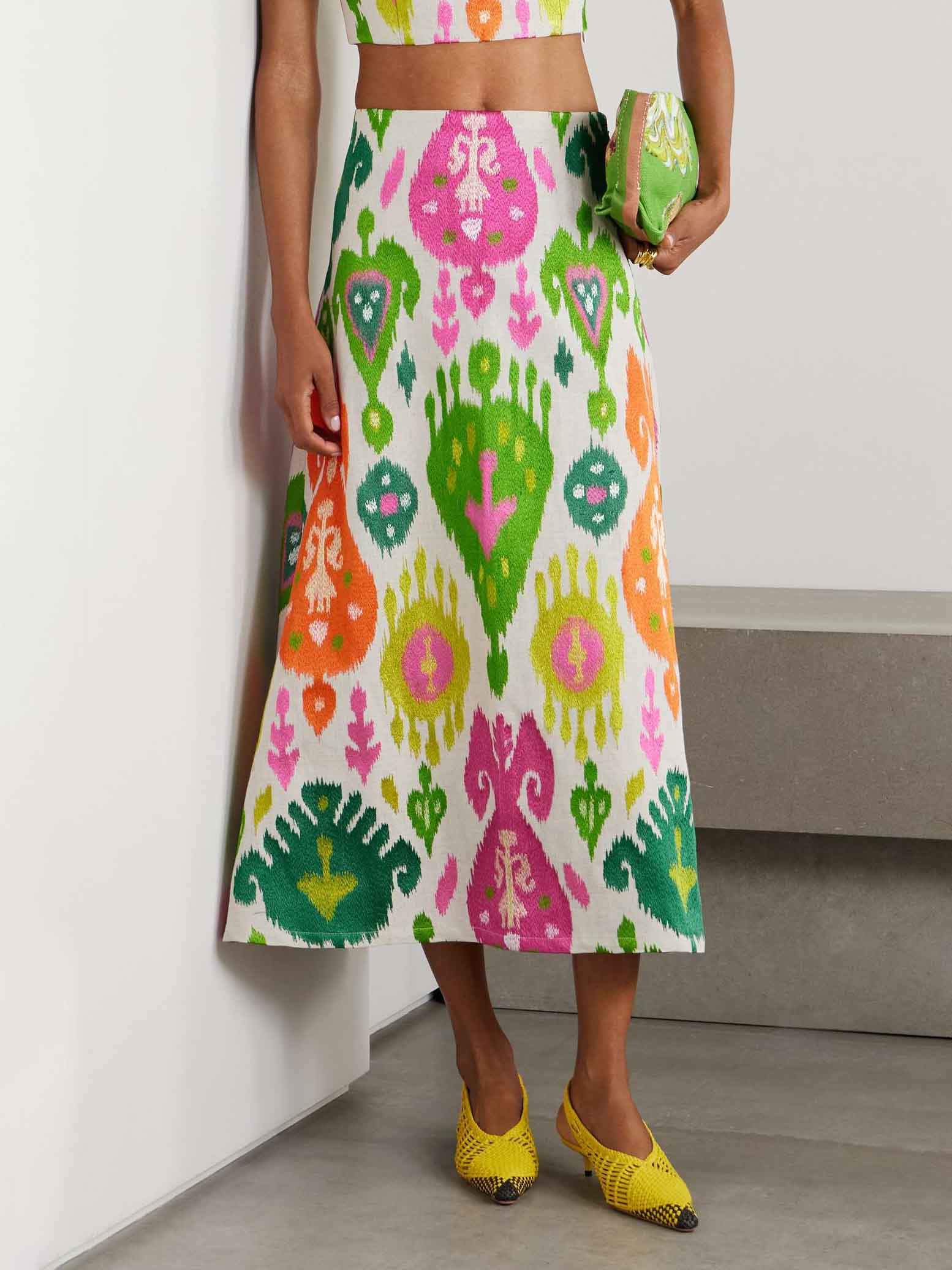 Vibrant Ikat Print High-Waist Midi Skirt Multi