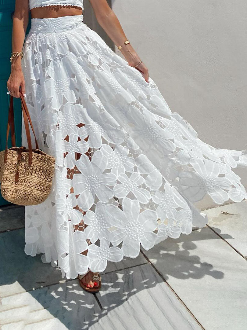 Elegant Hollow Floral Lace Maxi Skirt White
