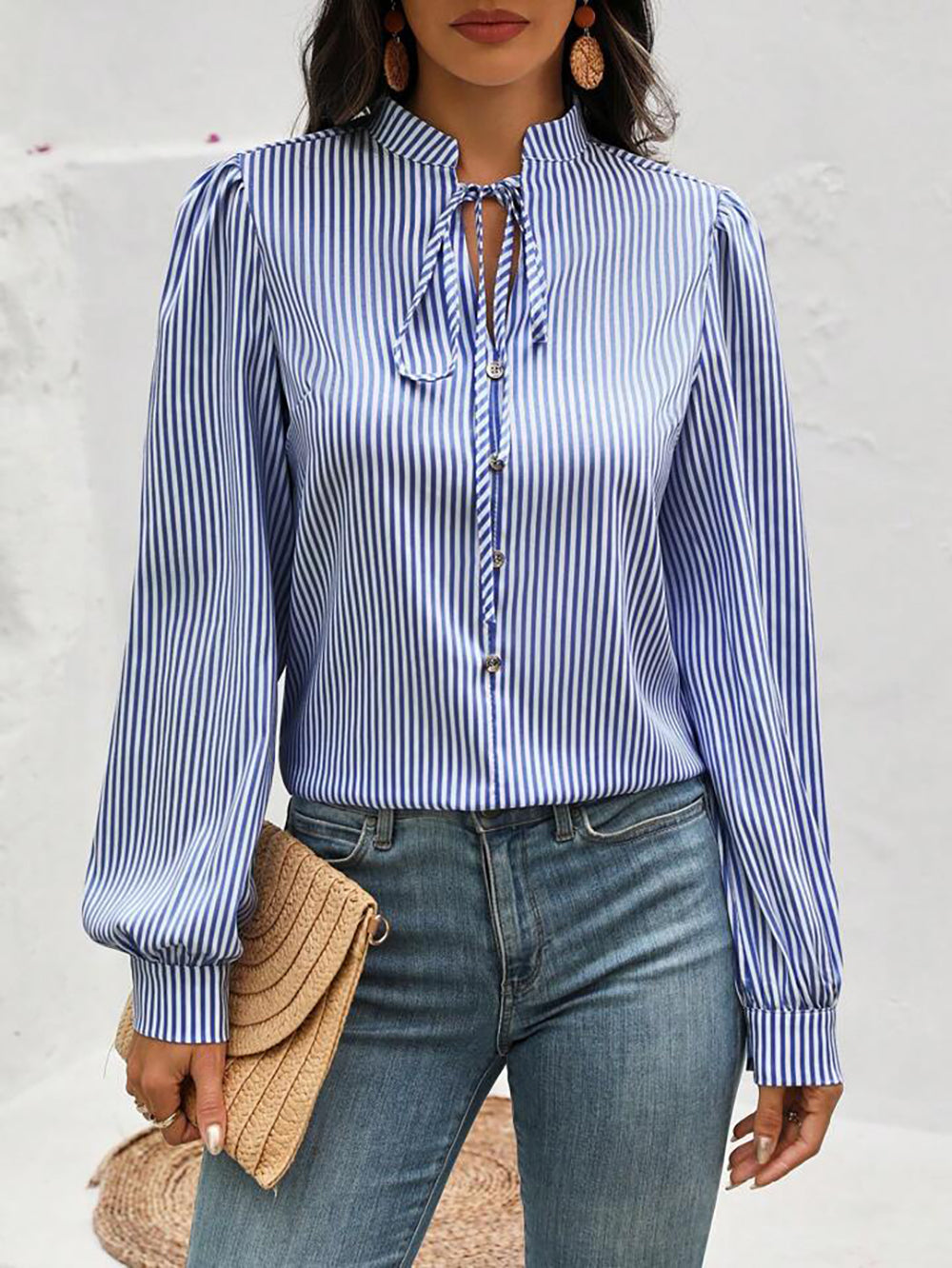 Ladies Chic Boos Babe Long Sleeve Office Striped Shirt Navy Blue