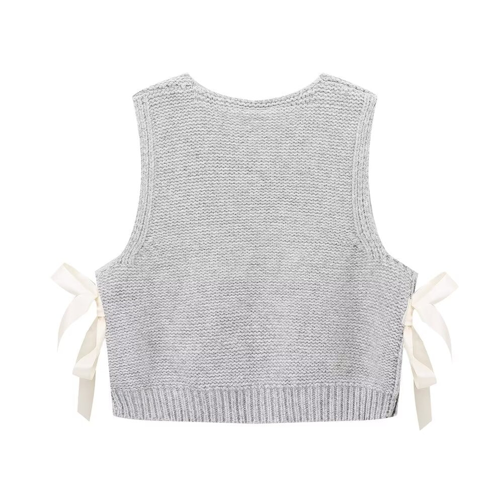 Women Sleeveless Sweater Vest Simple Side Bow Button