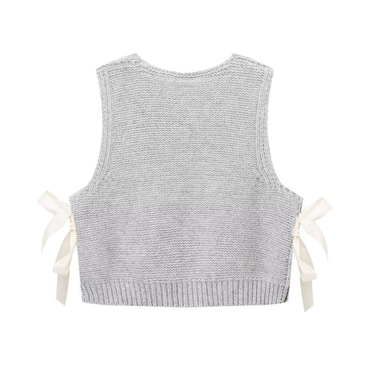 Women Sleeveless Sweater Vest Simple Side Bow Button