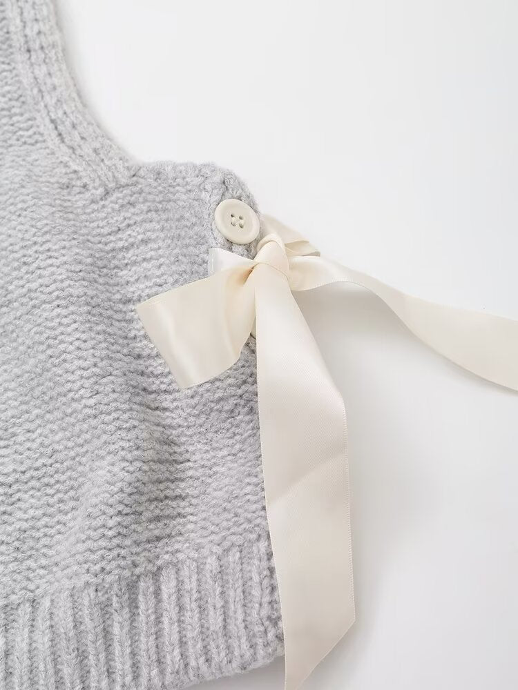 Women Sleeveless Sweater Vest Simple Side Bow Button