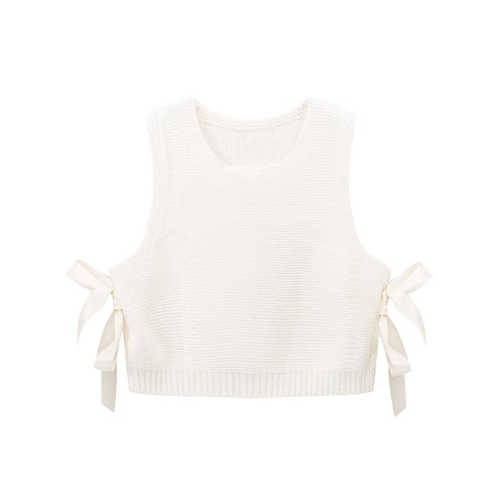 Women Sleeveless Sweater Vest Simple Side Bow Button White