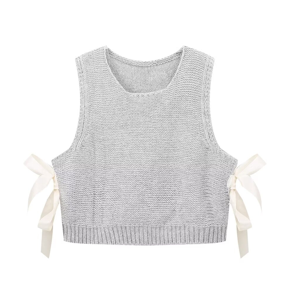 Women Sleeveless Sweater Vest Simple Side Bow Button Gray