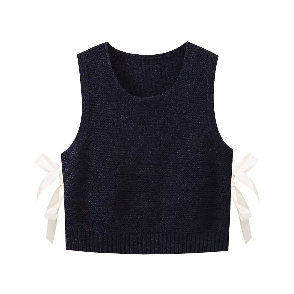 Women Sleeveless Sweater Vest Simple Side Bow Button Black
