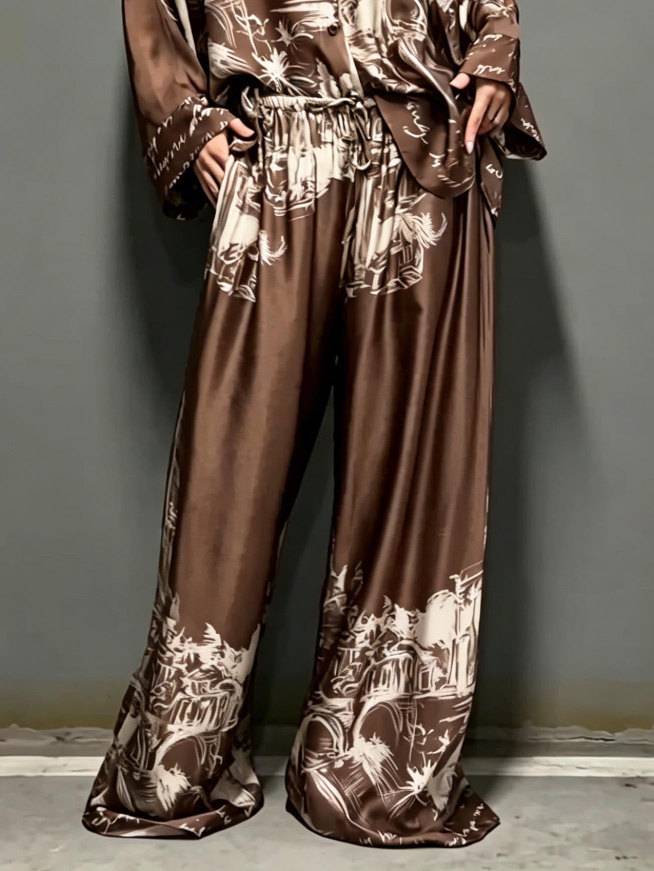 Architectural Print Satin Shirt Brown Pants