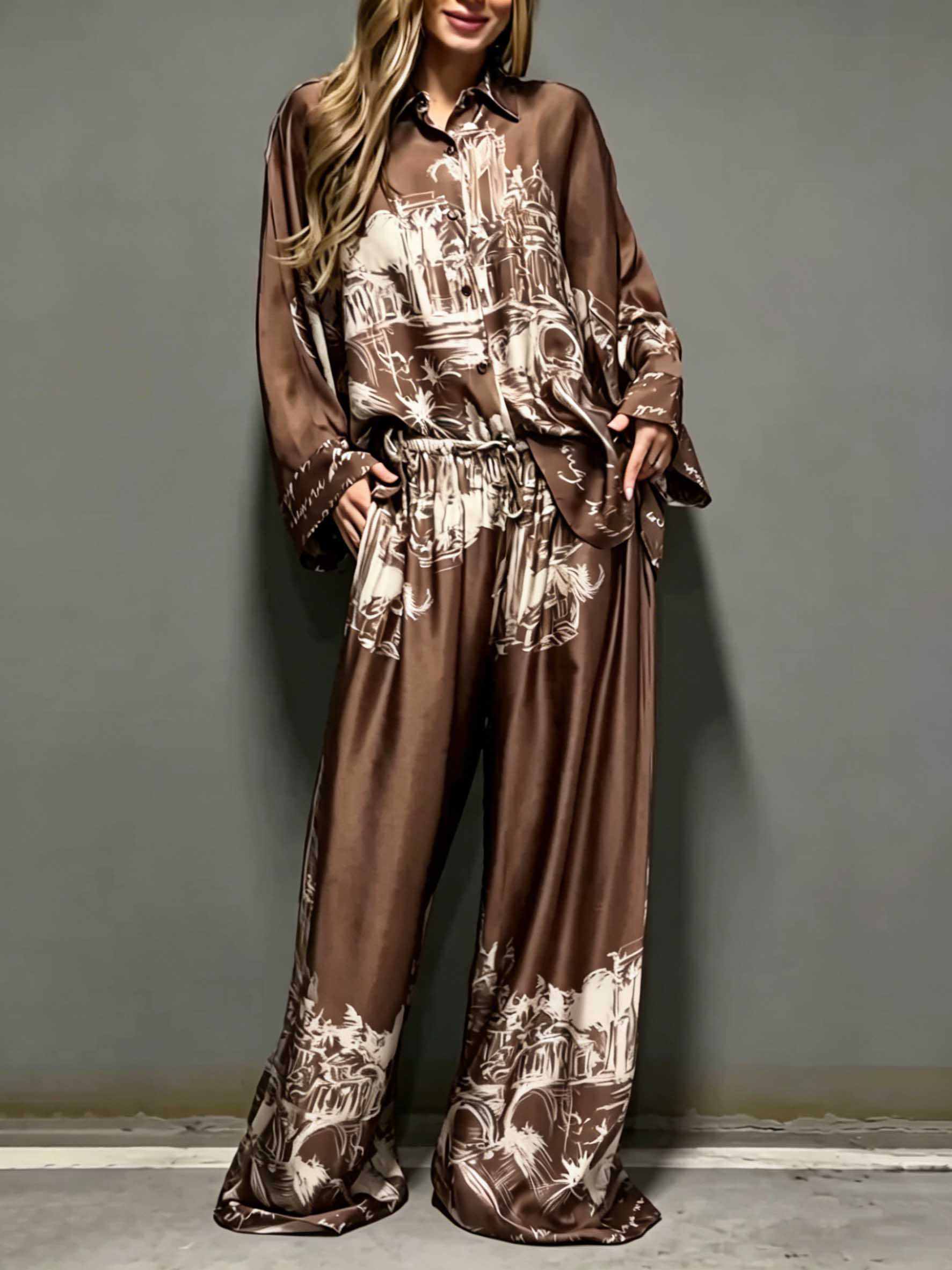 Architectural Print Satin Shirt And Pants Two-Piece Set Brown Set