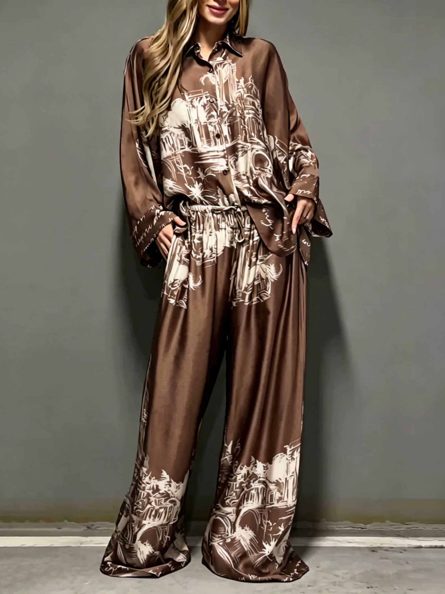 Architectural Print Satin Shirt Brown Set