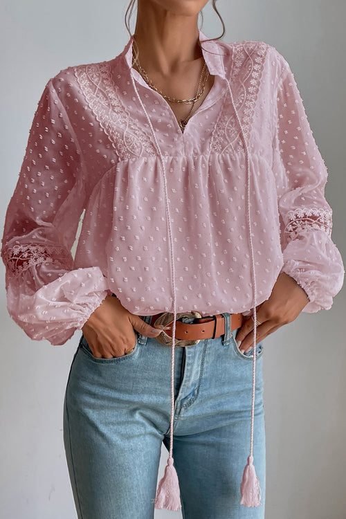 Lovely New Day Lace Swiss Dot Long Sleeve Top - 4 Colors Pink