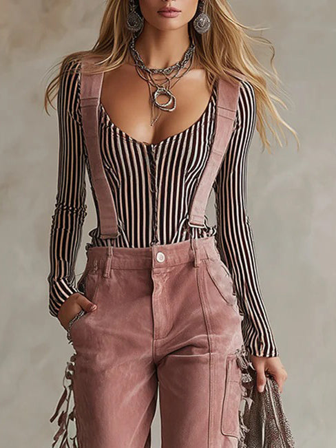 Casual Tassel Overalls Two-piece Set Pink Top