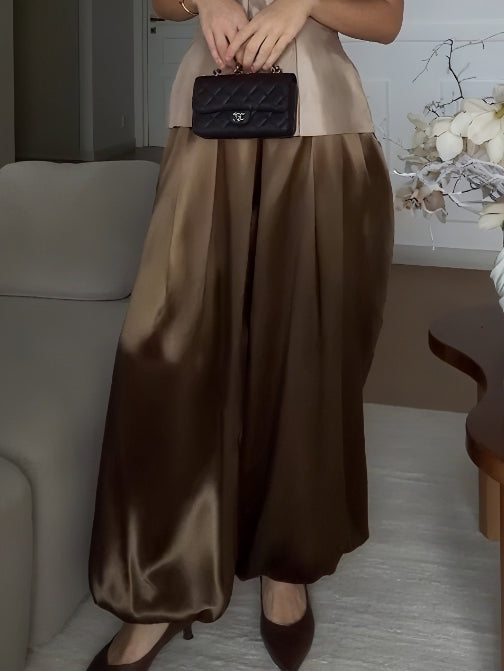 Exquisite Satin Cape Top & Wide-Leg Trousers Two-Piece Set Brown Pants