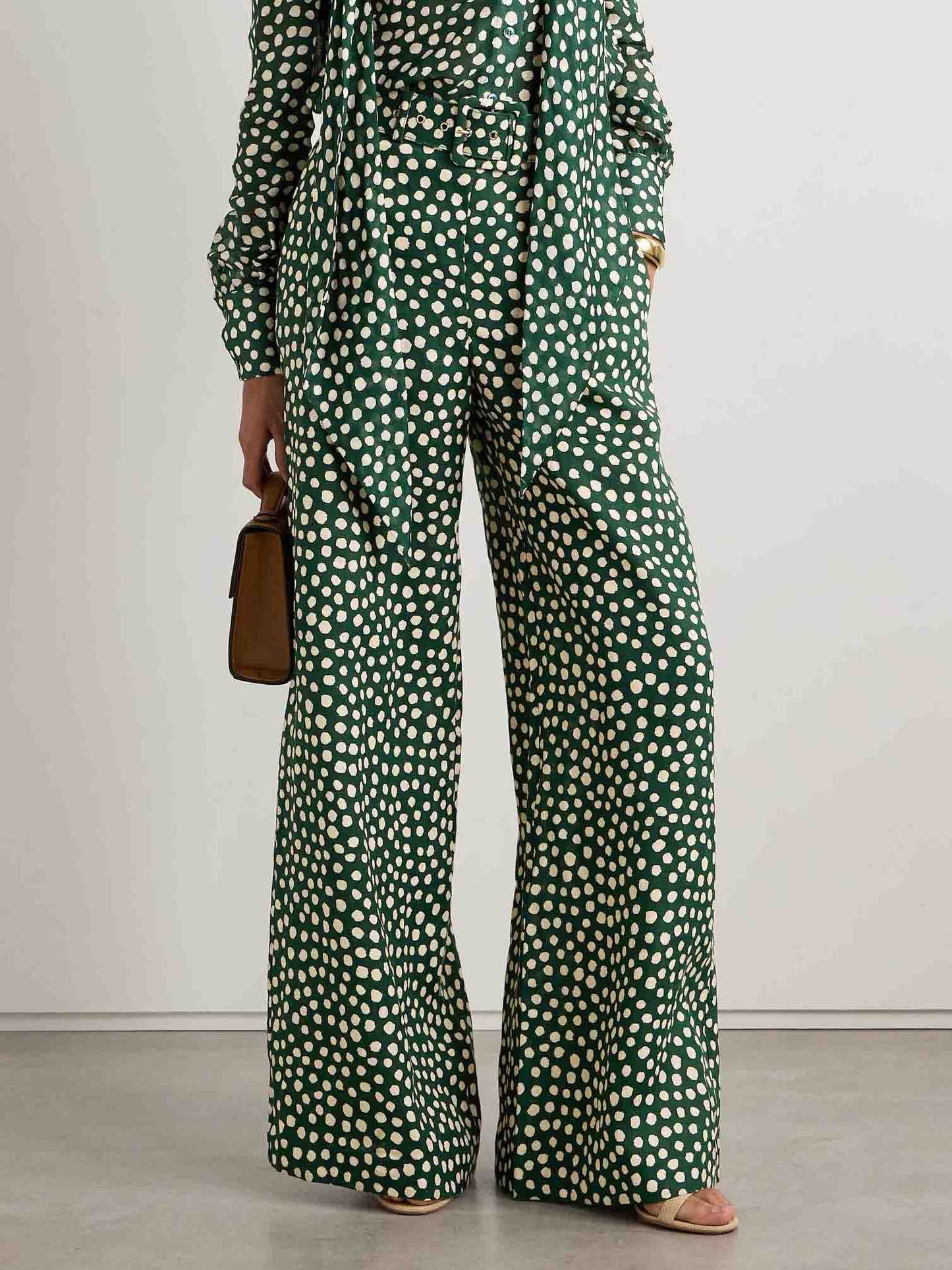 Retro Playful Polka Dots Print Wide-leg Pants Dark Green