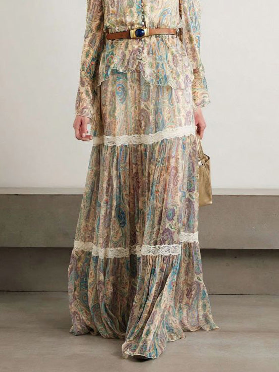 Exquisite Paisley Print Shirt And Skirt Two-piece Set
