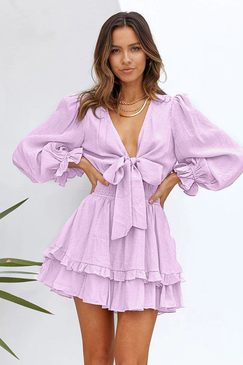 Express Yourself Ruffled Bowknot Mini Dress - 9 Colors Purple