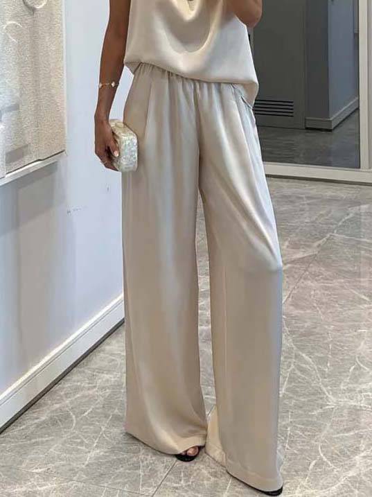 Elegant Halter Neck Swing Collar Top And Wide Leg Pants Suit-Pants Apricot