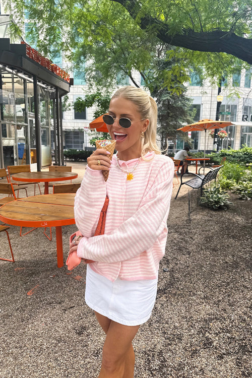 Attractively Cozy Soft Striped Knit Cardigan - Light Pink