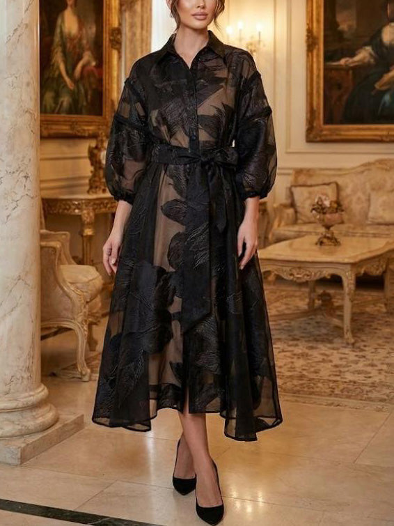 Elegant French Jacquard Shirt-Style Maxi Dress Black