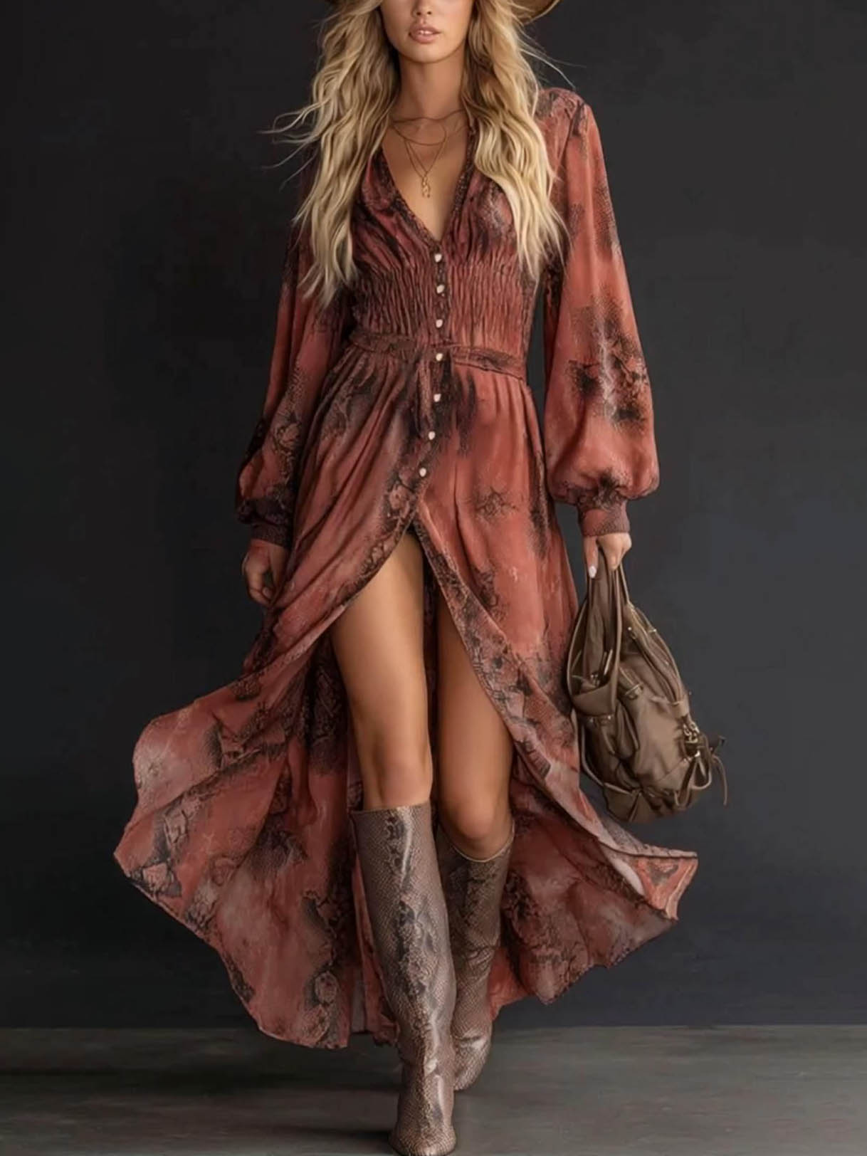 Casual V-neck Long-sleeved Floral Maxi Dress Multi