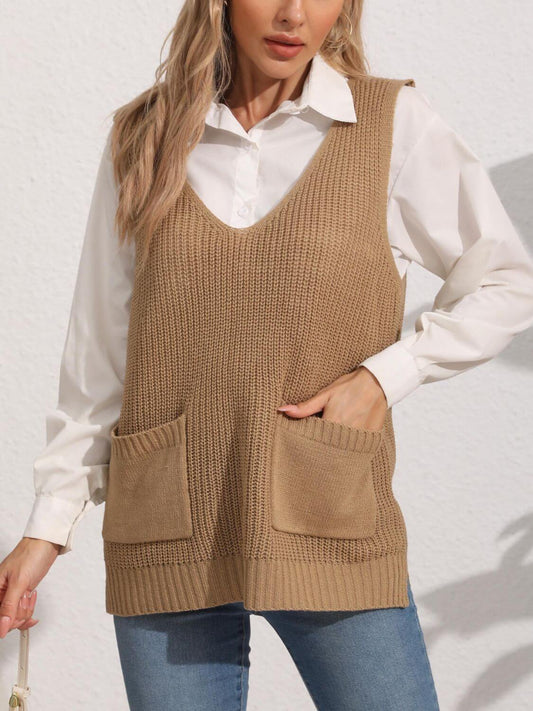 Pocketed V-Neck Sweater Vest Camel One Size