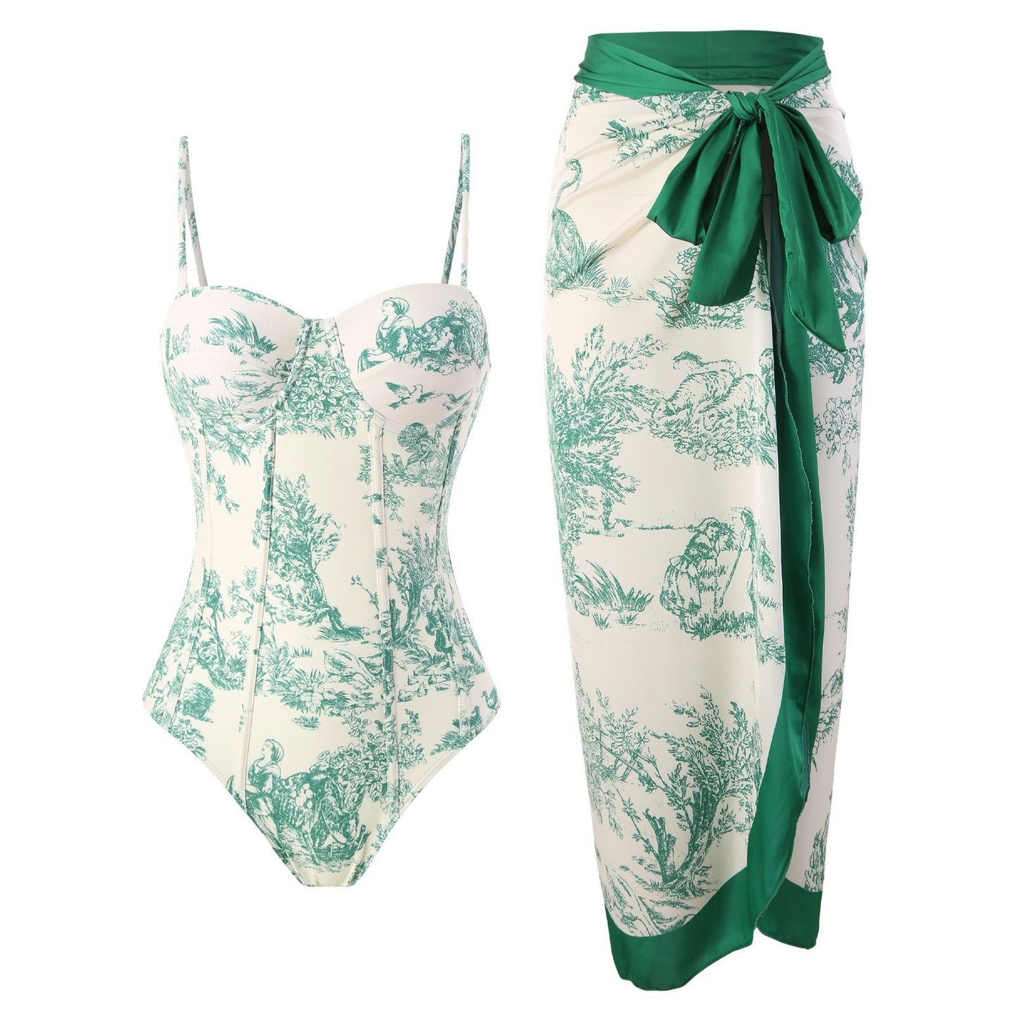 Women Adjustable Shoulder Strip Plant Prints One Piece Swimsuit and Skirt/Sarong(BUY 2 FREE SHIPPING)