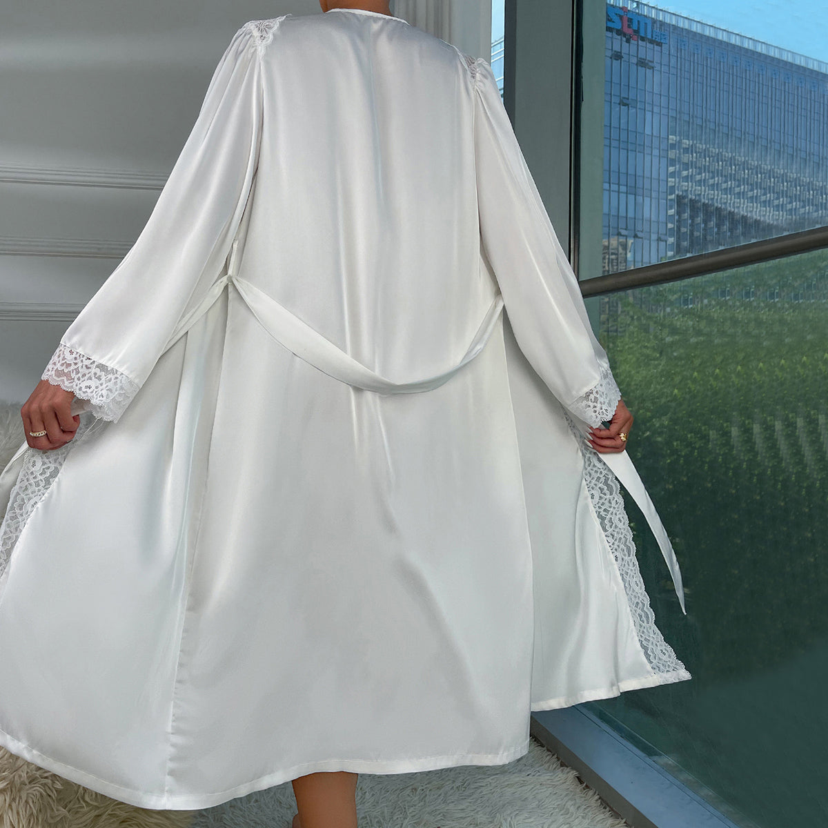 White Satin Long Robe with Lace Trim Detail
