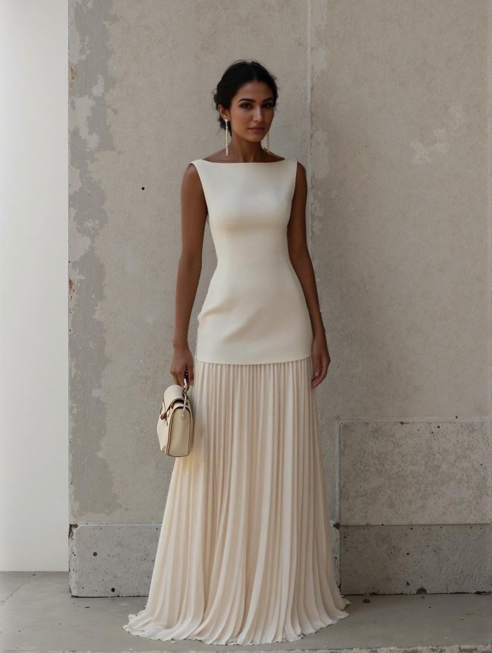 Elegant Pleated Classic Boat Neck Pleated Maxi Dress Apricot