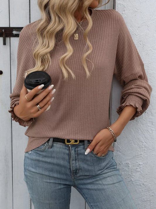 Ribbed Knit Ruffle Cuff T-Shirt
