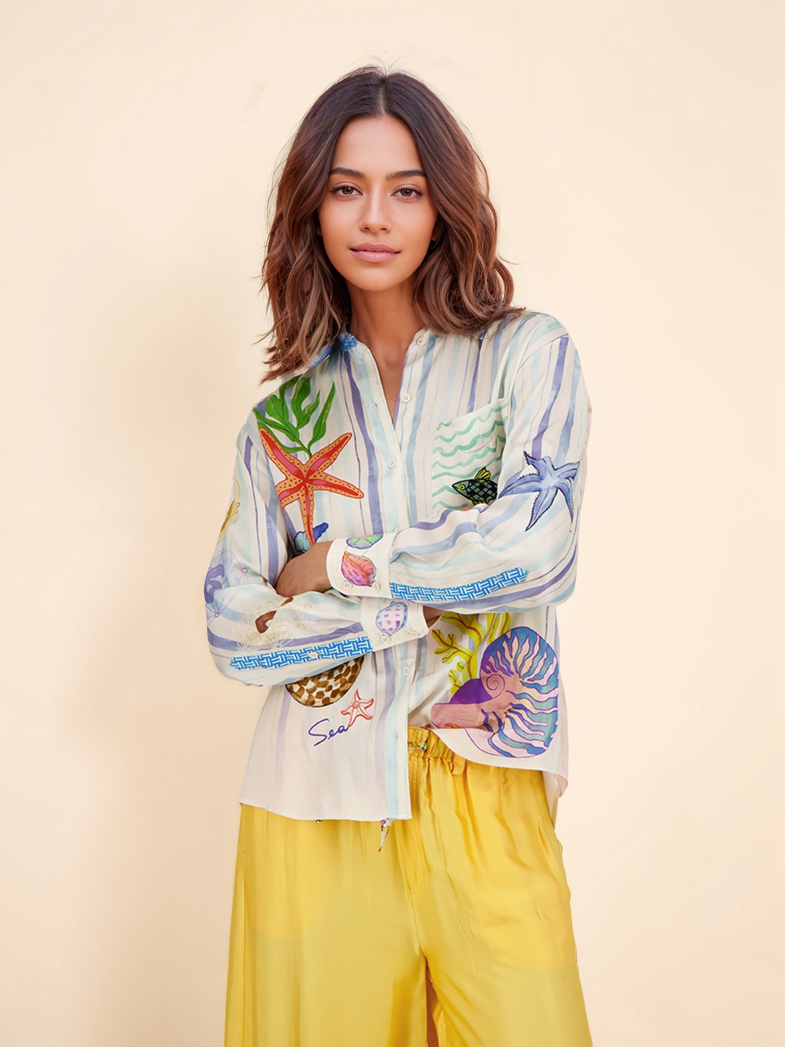 Ocean Theme Print Long Sleeve Collared Shirt Multicolor