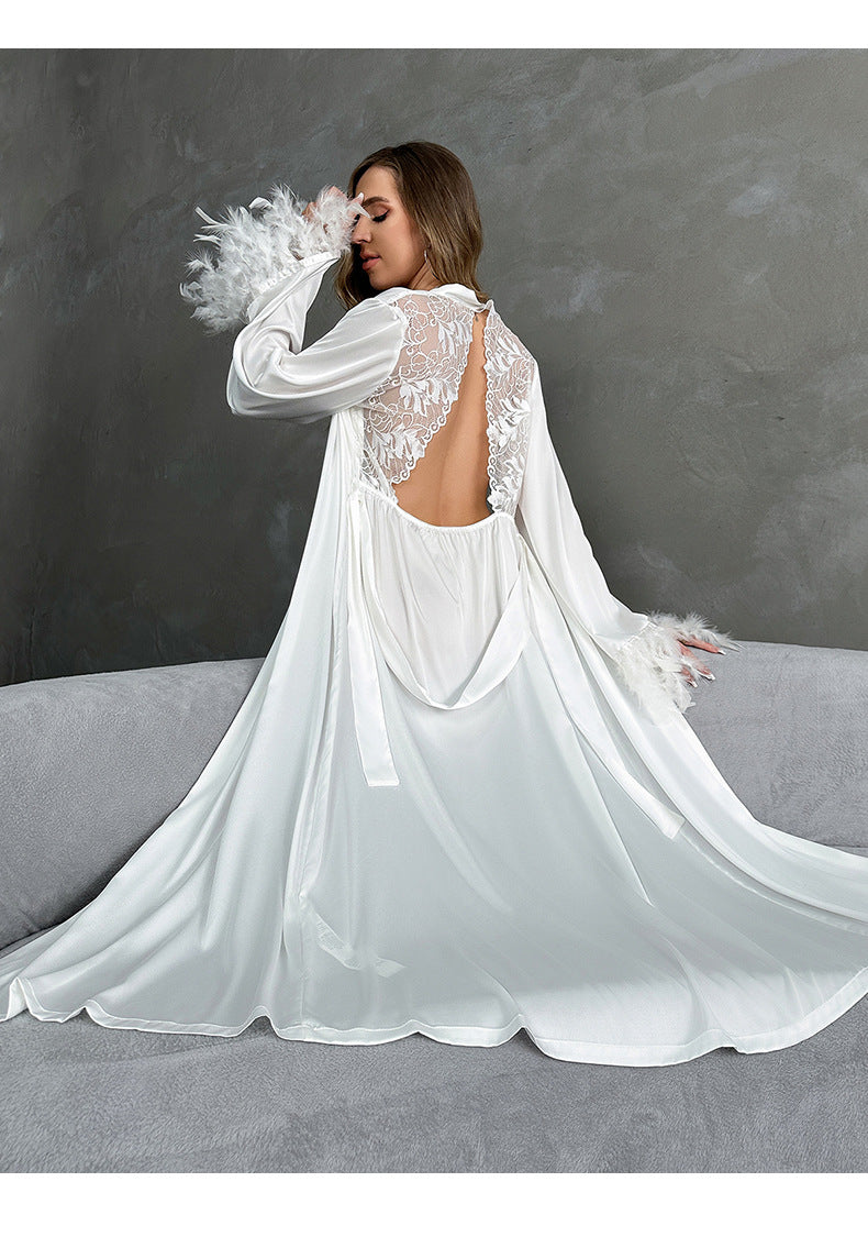 Long Robe Lace Satin with Feather Boa Sleeve Trim Open Back Lace Detail
