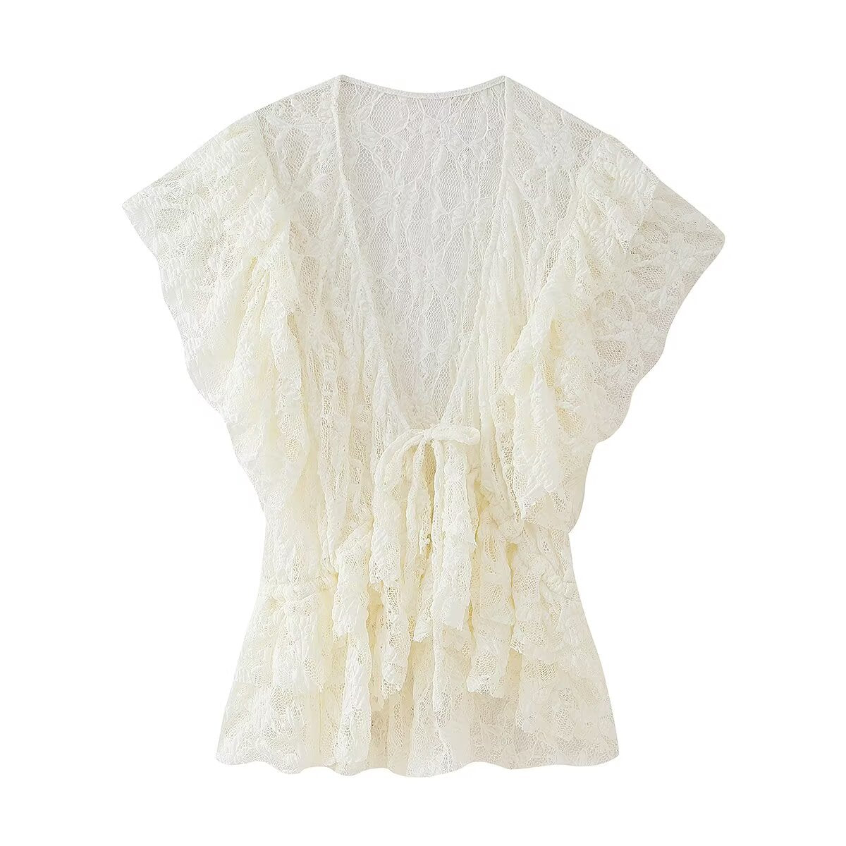 White Lace Bowknot Sleeve Cardigan Lace up Top