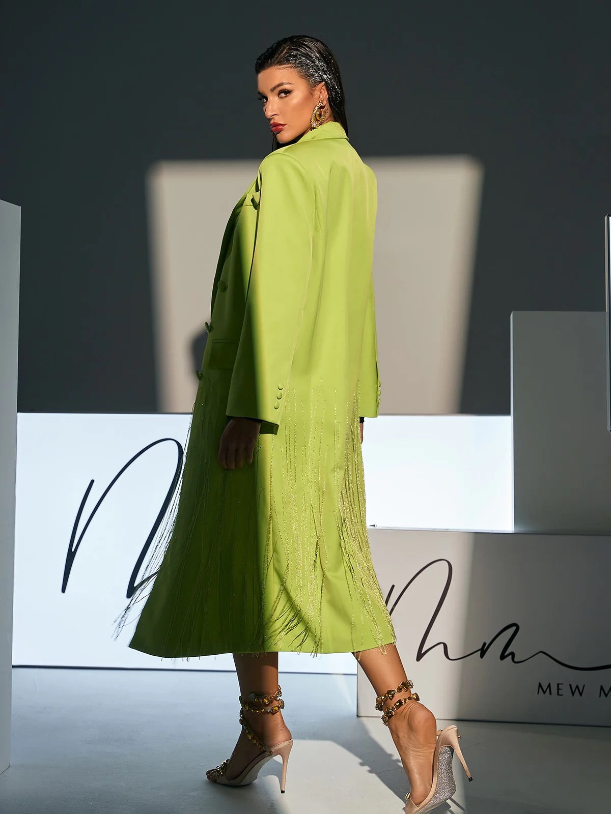 Neon green crystal fringe blazer coat