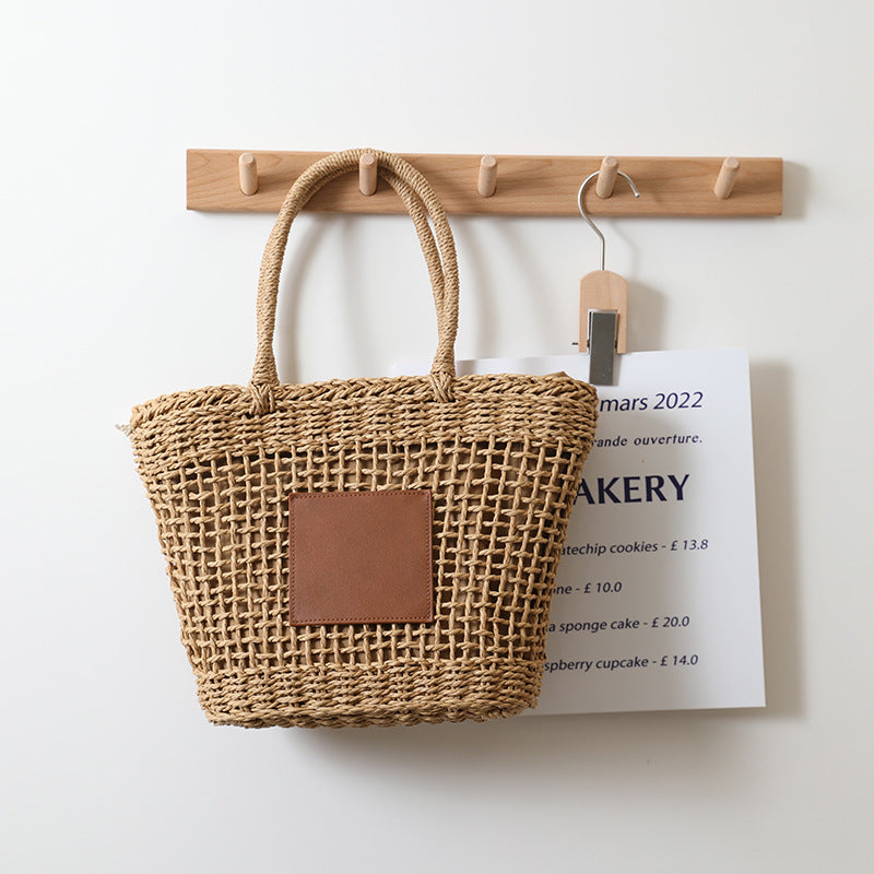 Straw Bag Retro One Shoulder P Hollow Out Cutout One Size Brown