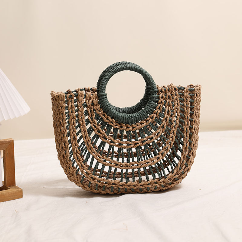 Straw Weaved Bag Round Handle Vacation Beach Bag