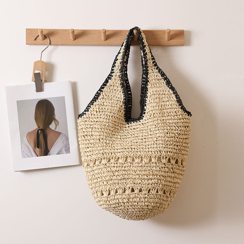 Large Shoulder Out Cutout Portable Straw Beach Bag Woven