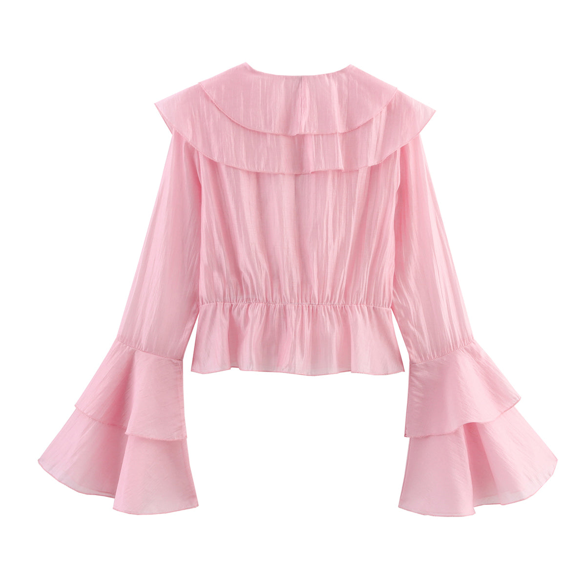 Pink Chiffon Layered V neck Tencel Cotton Multi Layer Ruffle Top