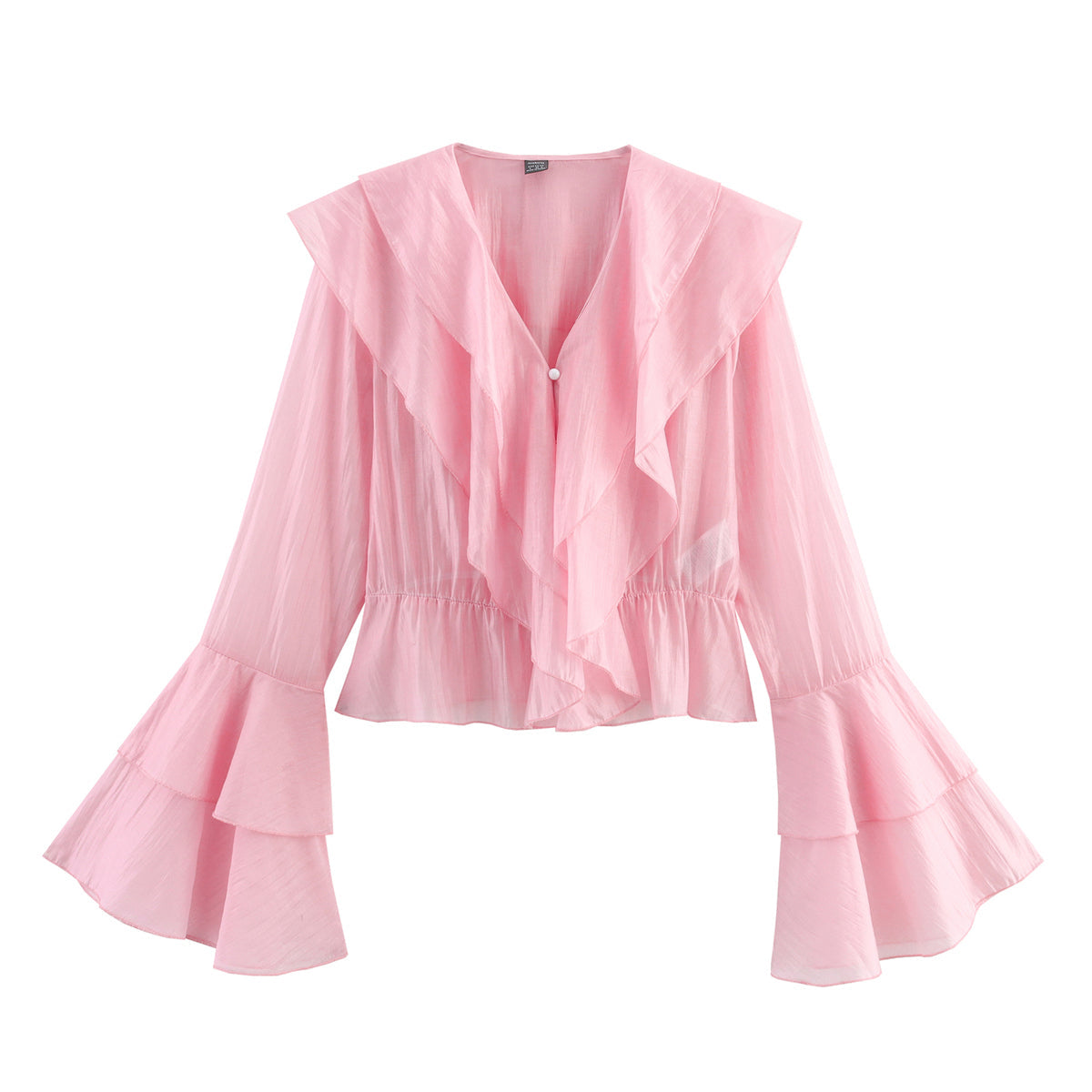 Pink Chiffon Layered V neck Tencel Cotton Multi Layer Ruffle Top