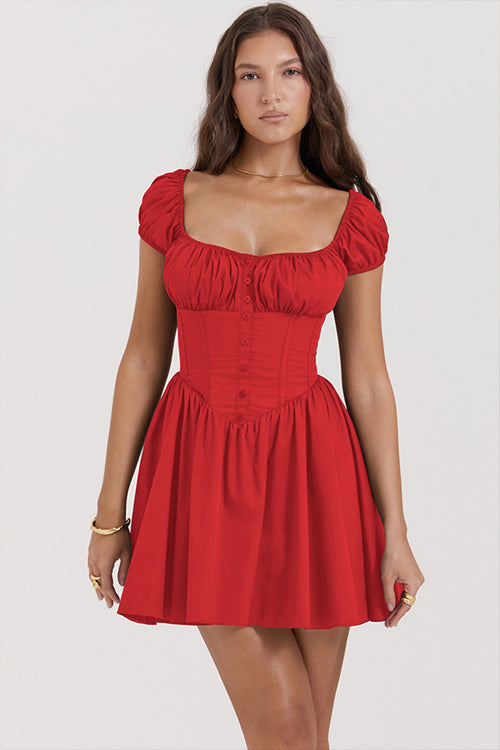 Happiest Hour Puff Sleeves Skater Mini Dress - 4 Colors Red