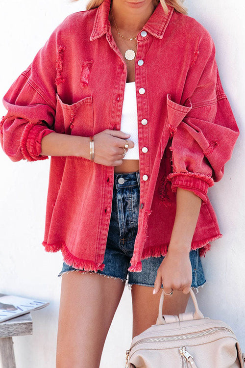 Keep It Cool Denim Pocket Long Sleeve Shacket - 5 Colors Watermelon Red