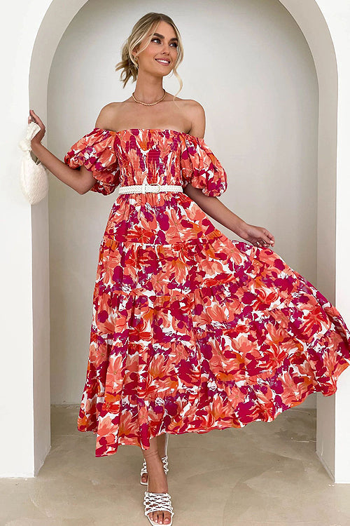 Darling Daylily Floral Print Off Shoulder Smocked Maxi Dress - 6 Colors Pink