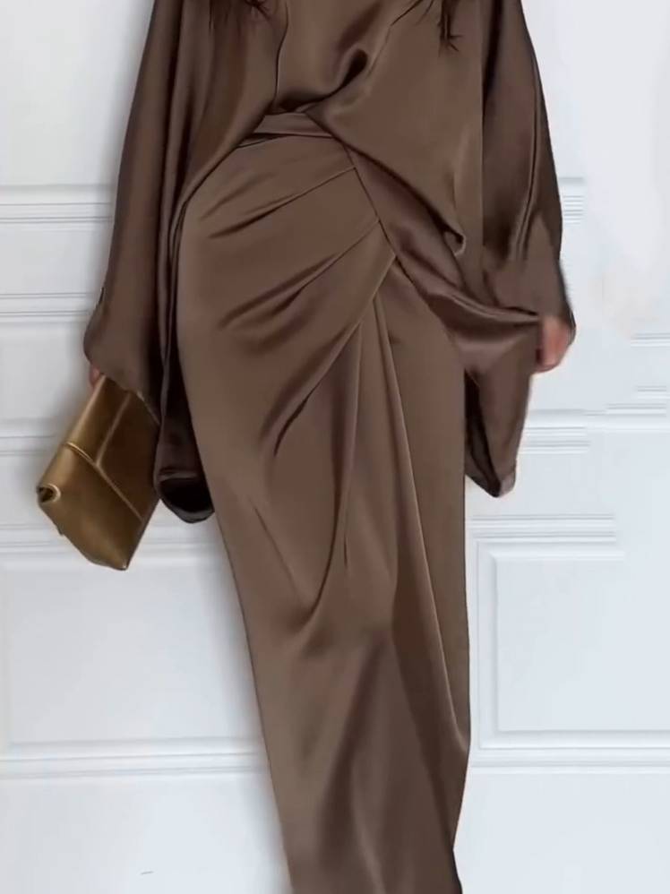 Minimalist Loose Shirt And Lace-up Skirt Suit-Skirt Brown