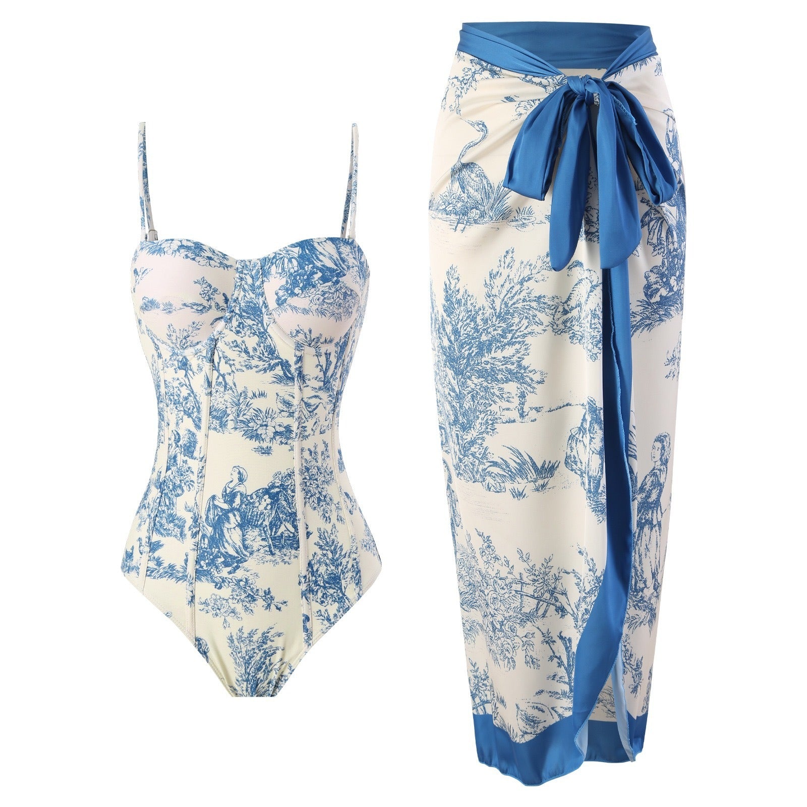 Women Adjustable Shoulder Strip Plant Prints One Piece Swimsuit and Skirt/Sarong(BUY 2 FREE SHIPPING)