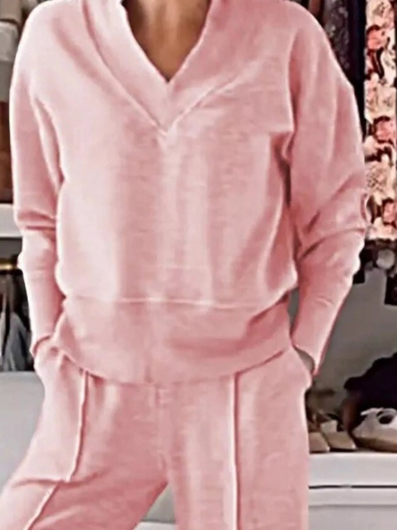 Full Size Cozy V-Neck Top and Pants Set Plus Size