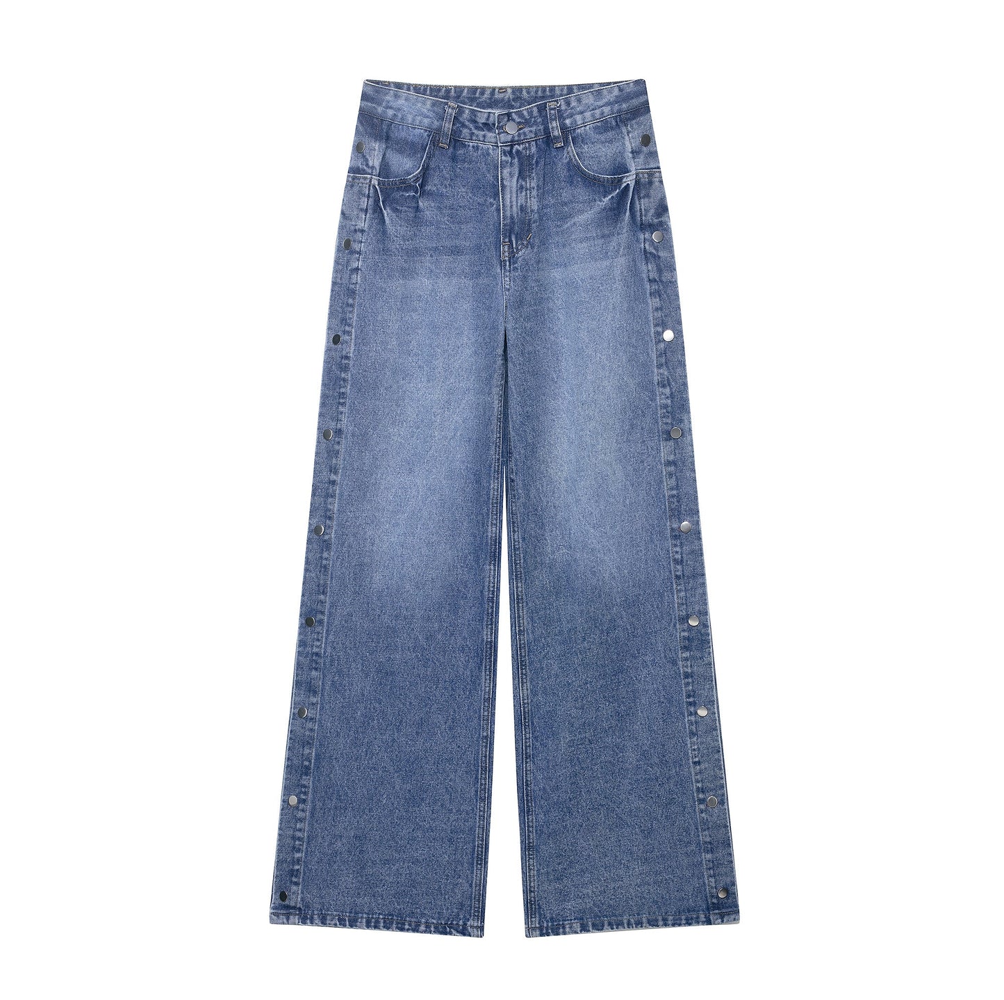 Women High Waist Loose Button Bell Bottom Leg Jeans Blue